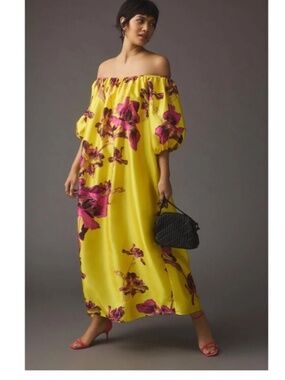 Atsu Off-The-Shoulder Floral Dress Size M Yellow Pink Flowers
